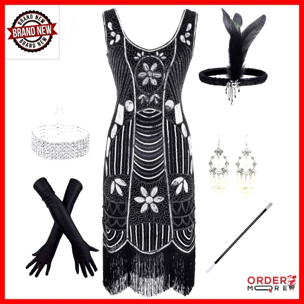 Sequin Fringed Flapper Dress with Accessories, One Size Fits Most